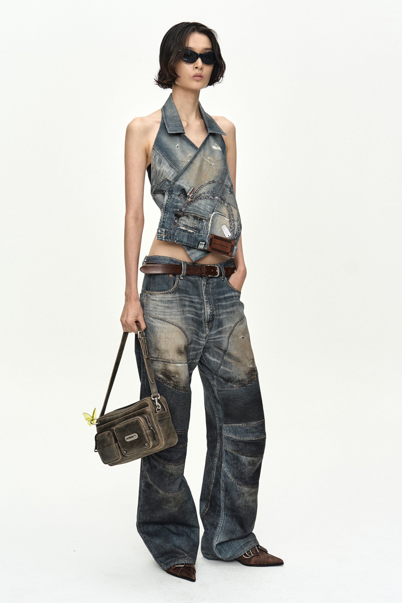 Andersson Bell Upside-Down Printed Denim Halter Top