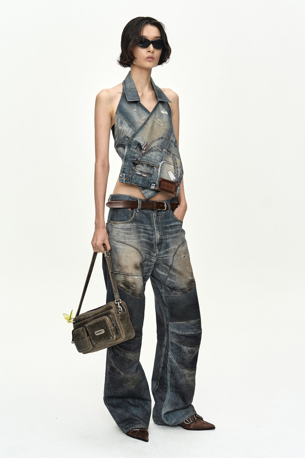 Andersson Bell Upside-Down Printed Denim Halter Top