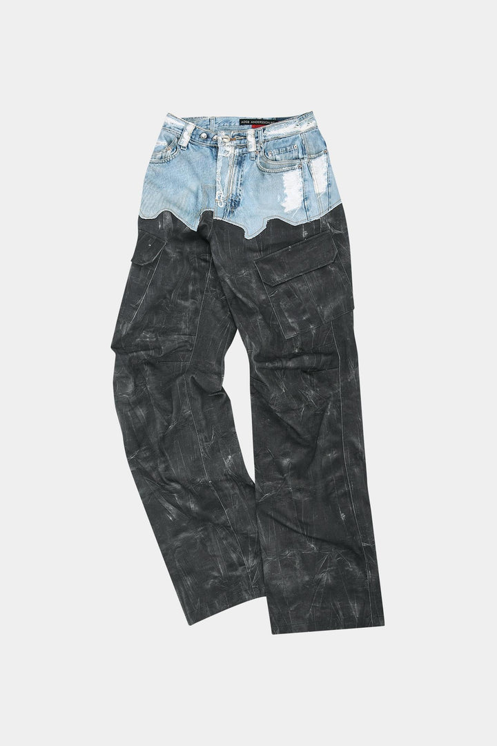 Andersson Bell Faux-Denim & Scratch Leather Printed Cargo-Pants