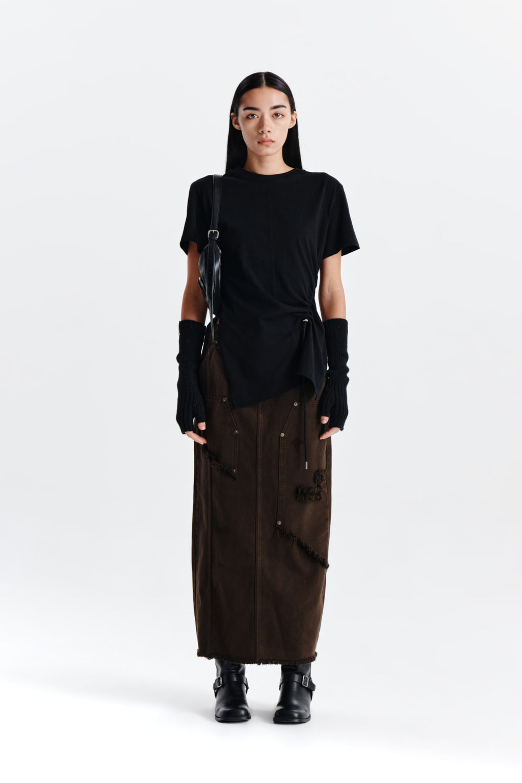 [matinkim] UNBALANCE DAMAGE DENIM SKIRT IN KHAKI