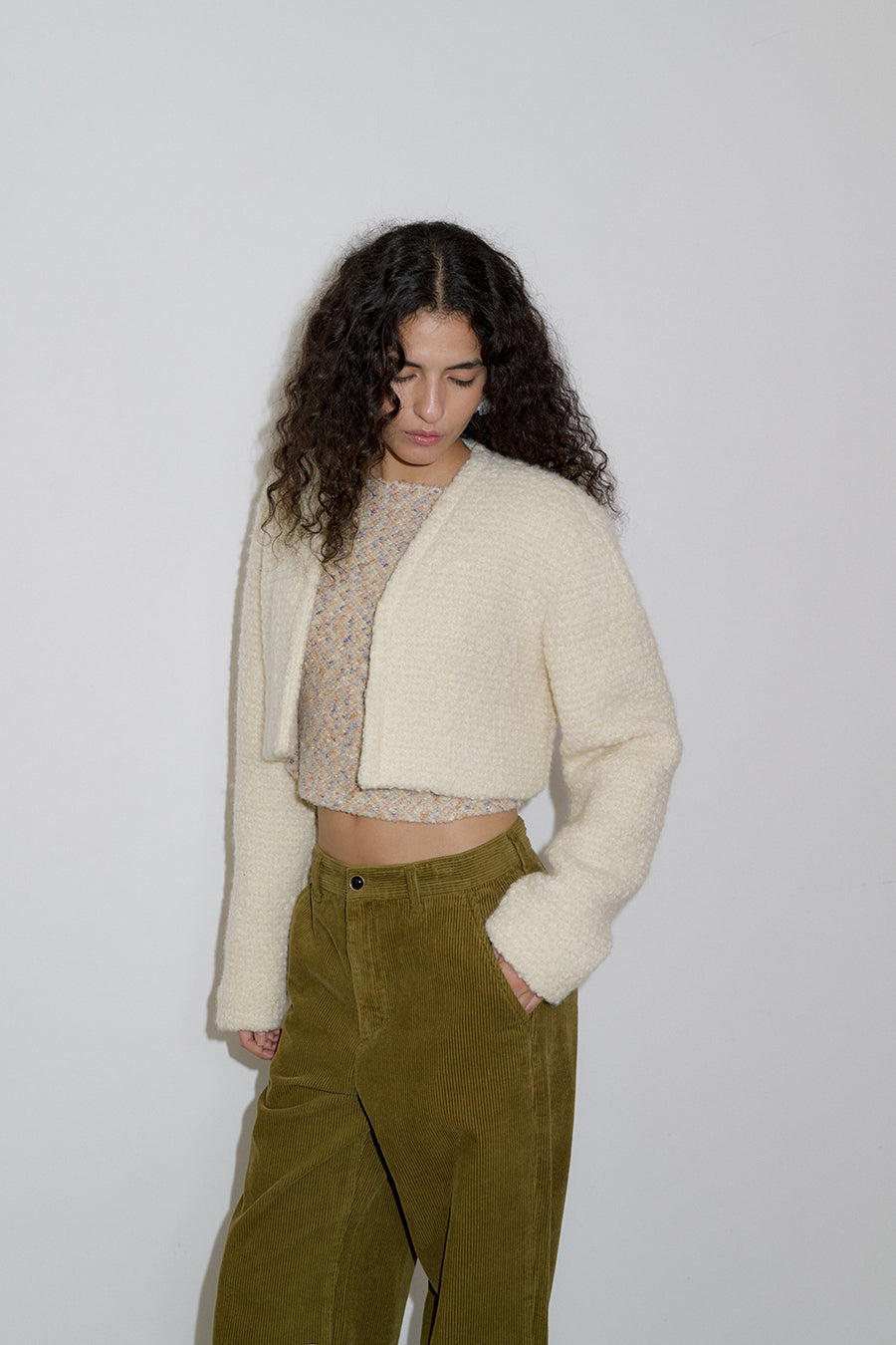 Overdueflair Boucle V Crop Cardigan