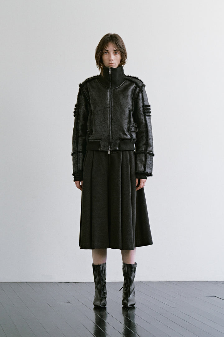 Treemingbird High-Neck Ribbed Crack Shearing Jacket Black