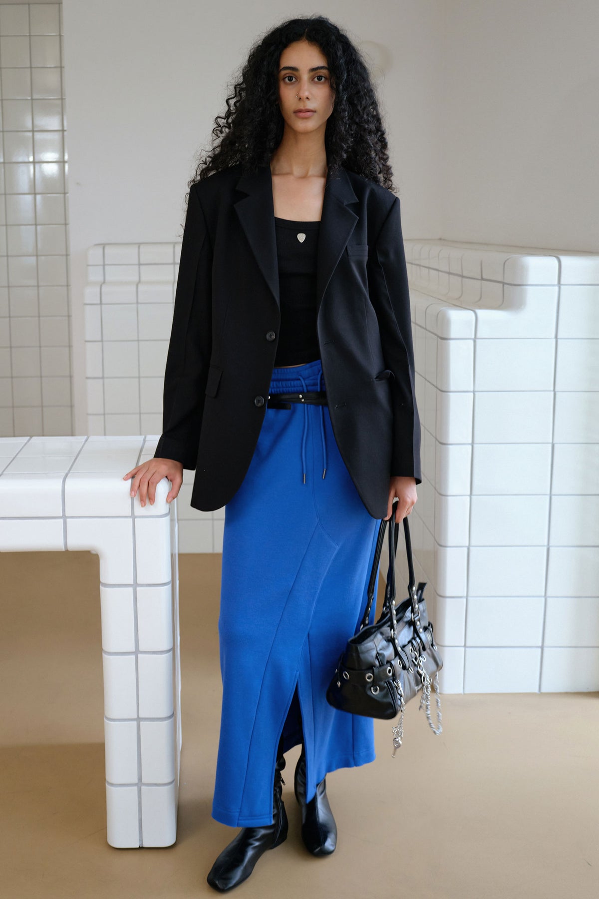 Instantfunk Belt Detail Jersey Long Skirt - Blue