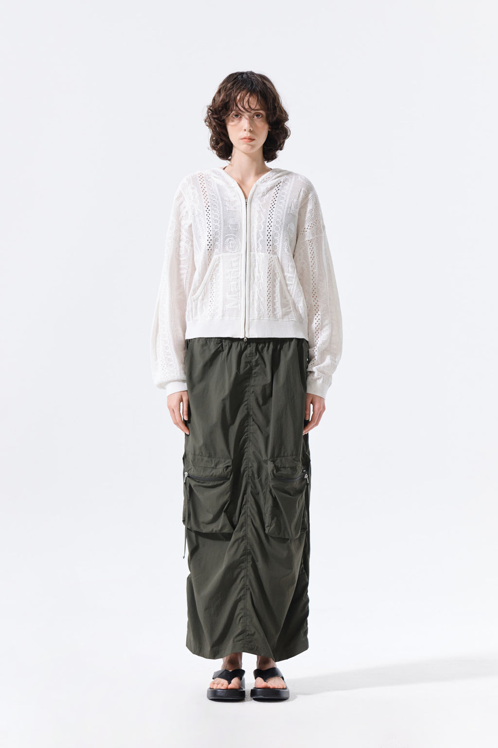 Matinkim Patch Pocket Shirring Nylon Skirt IN Khaki