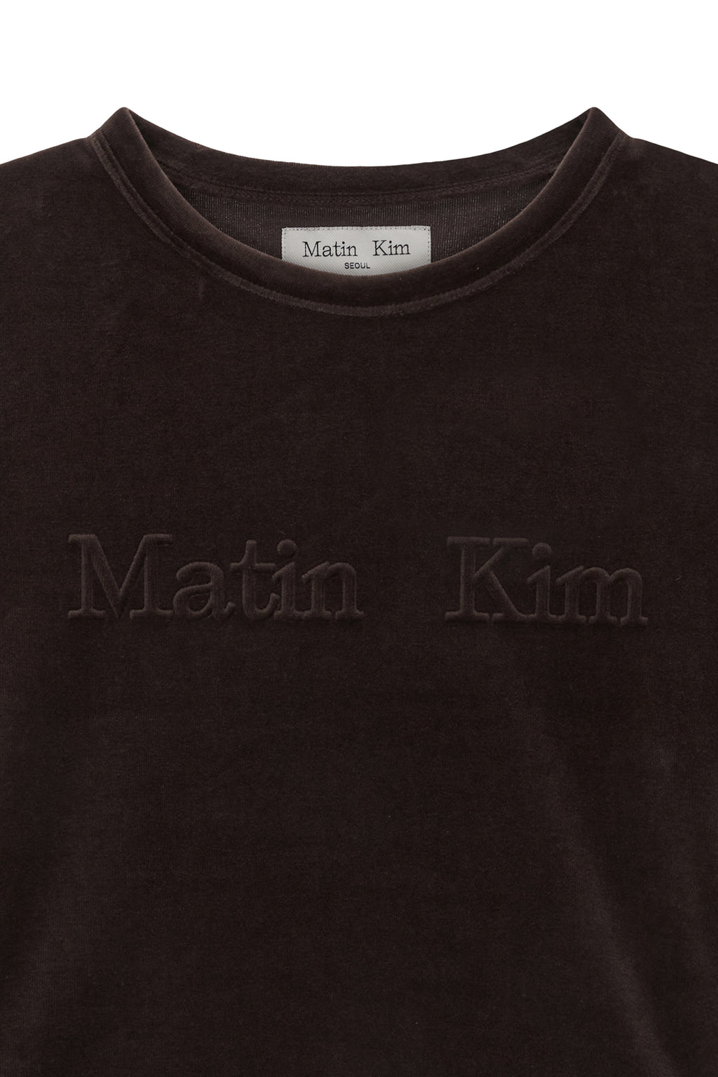 [matinkim] LOGO EMBOSS VELVET CROP TOP IN BROWN