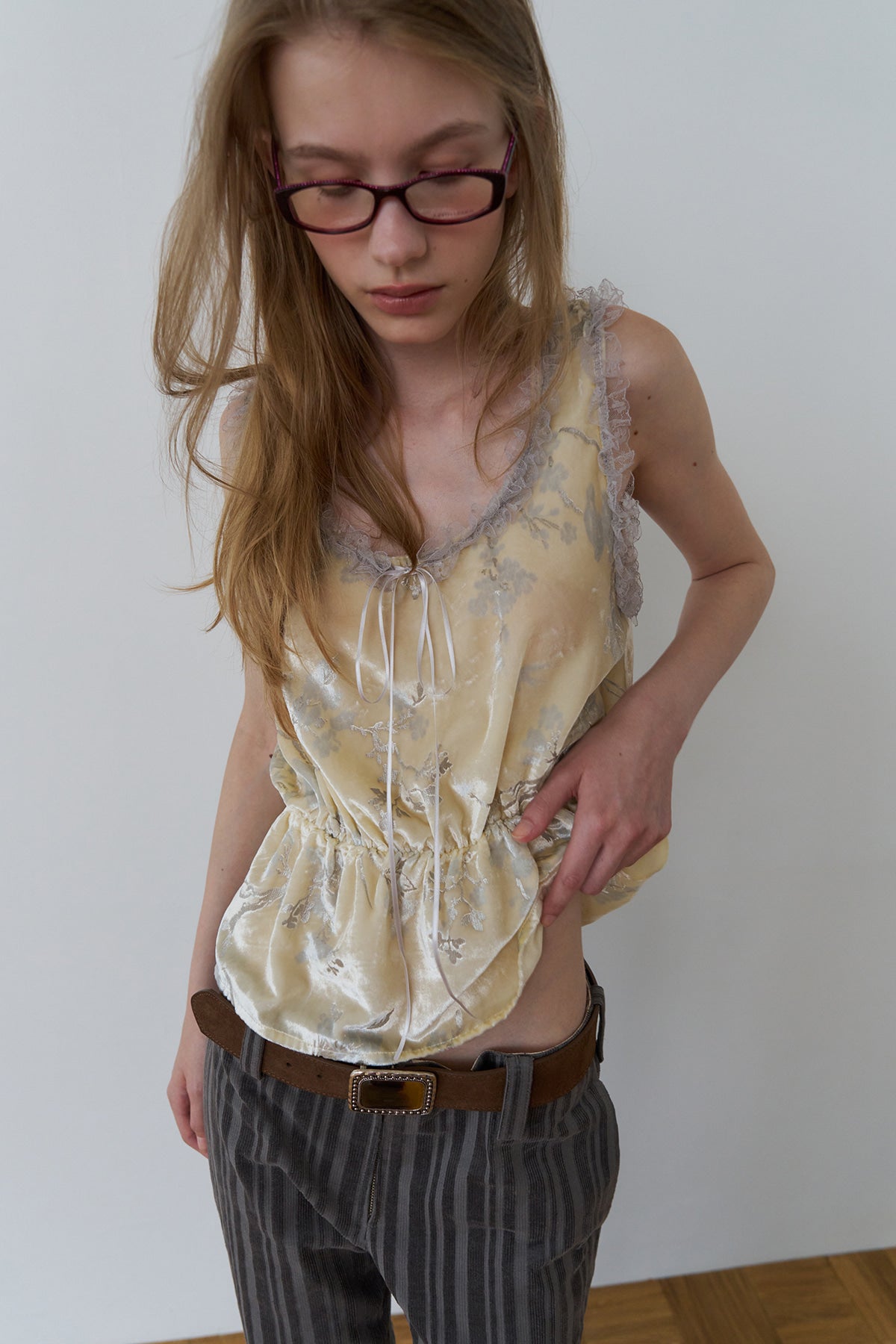 Overdueflair Velvet Lace-Trimmed Sleeveless Lemon