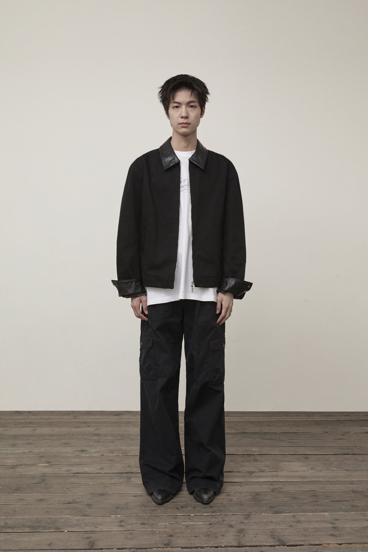 [matinkim] Leather Collar Point Work Jacket For Men IN Black
