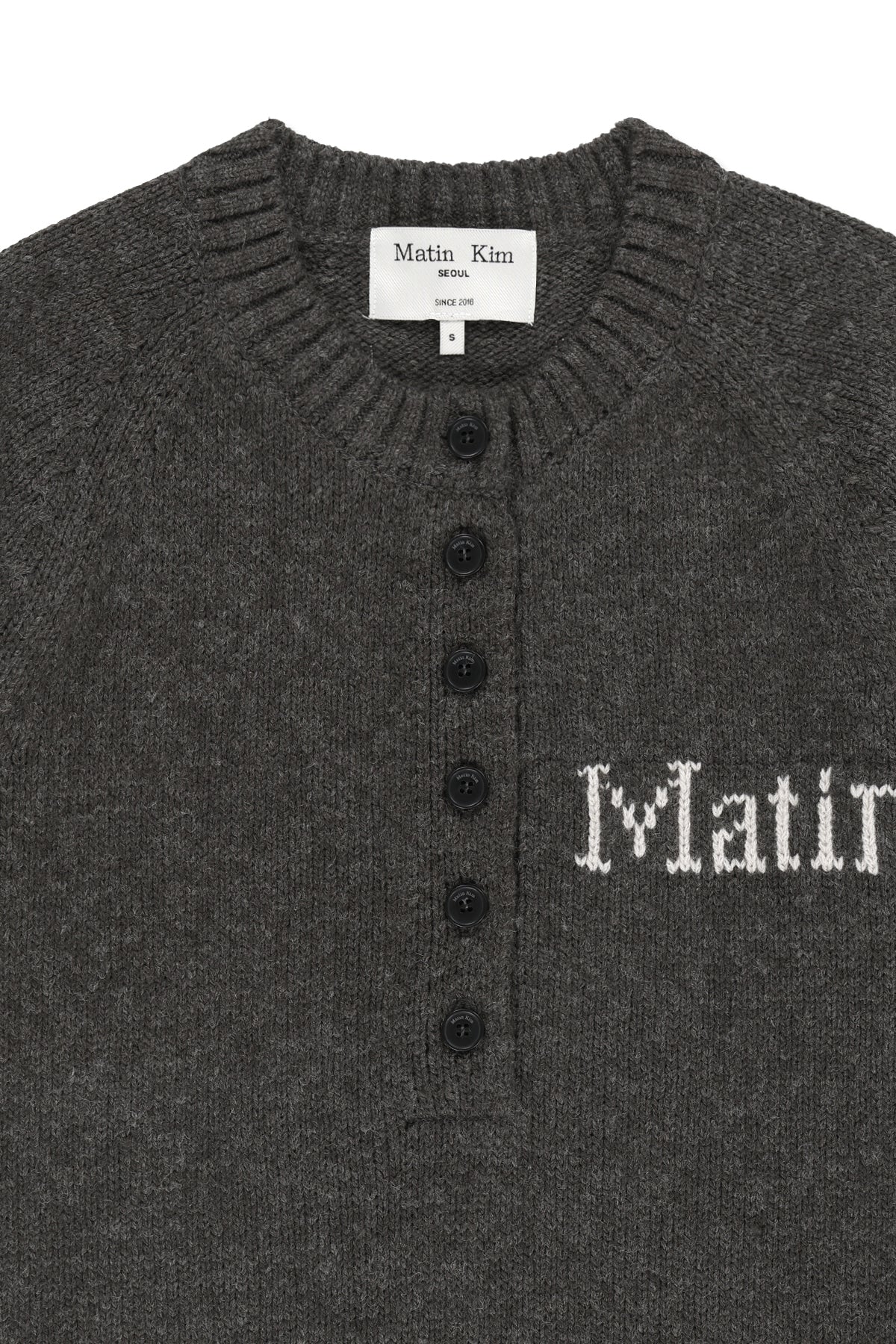 Matinkim Matin Button Point Henley Neck Logo Knit Top IN Charcoal