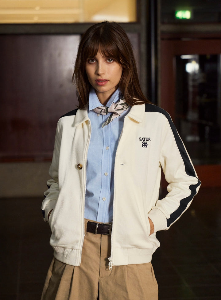 Satur Lawton Lining Collar Track Zip-up Jacket - Cream Black
