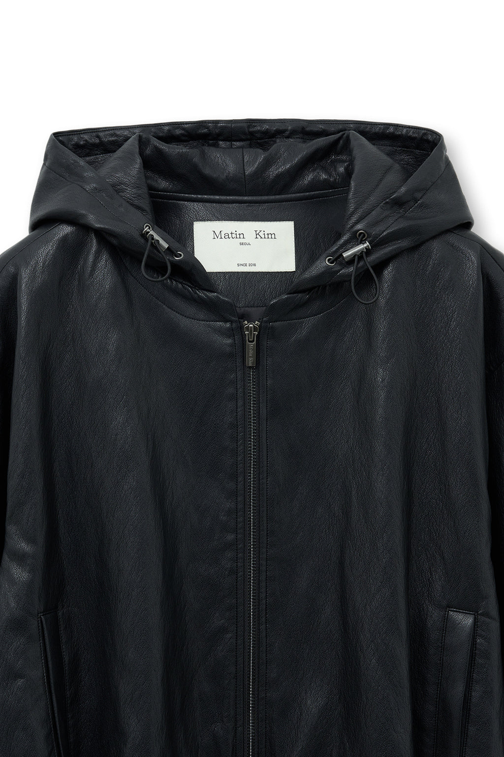 [matinkim] FAUX LEATHER HOODY CROP JUMPER IN BLACK