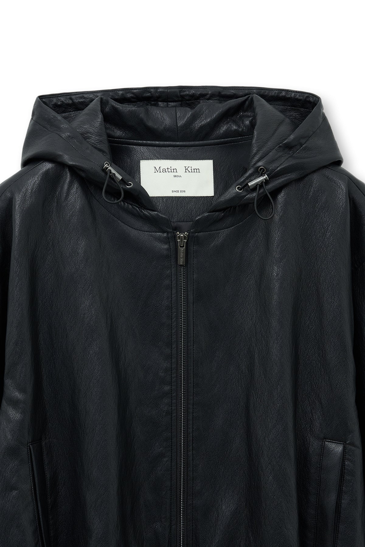 [matinkim] FAUX LEATHER HOODY CROP JUMPER IN BLACK