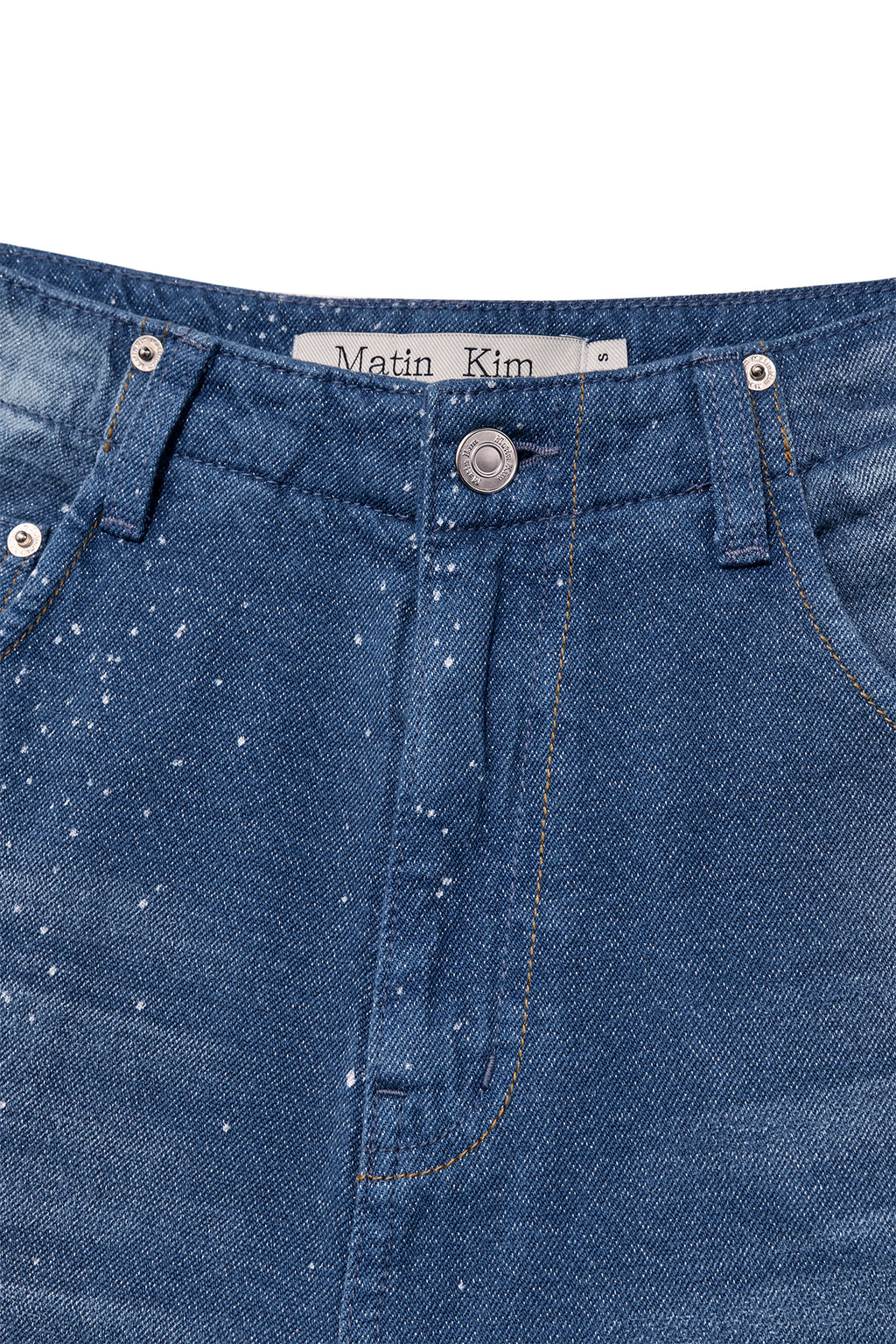 [matinkim] BACK LINE POINT SOFT SHINY DENIM PANTS IN BLUE