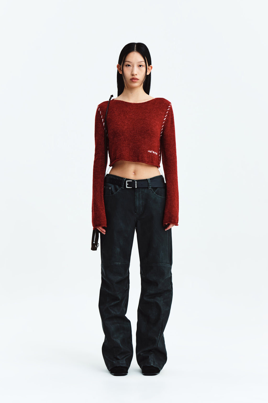 [matinkim] BIKER DETAIL WASHED LEATHER PANTS IN NAVY