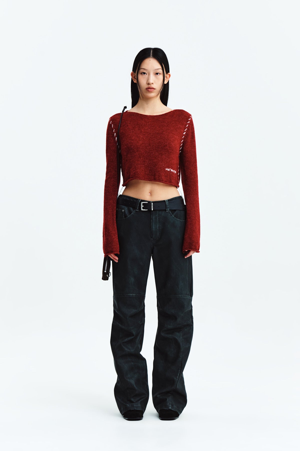 [matinkim] BIKER DETAIL WASHED LEATHER PANTS IN NAVY