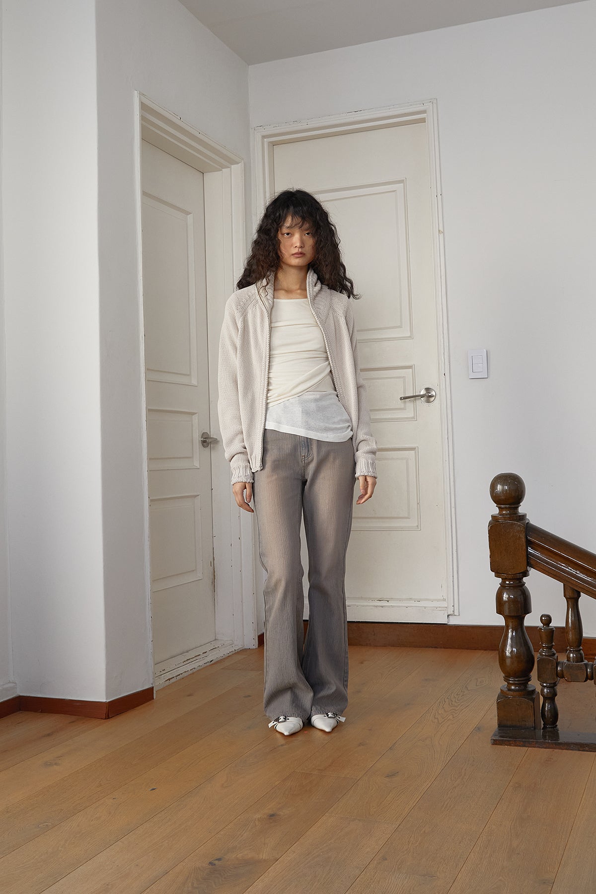 [matinkim] APPLIQUE LOGO PATCH KNIT ZIP UP FOR WOMEN IN LIGHT BEIGE