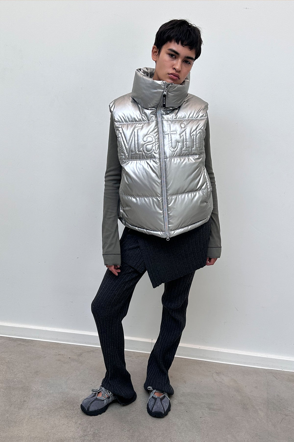 [matinkim] LAYERED KNIT BOOTS CUT PANTS IN CHARCOAL