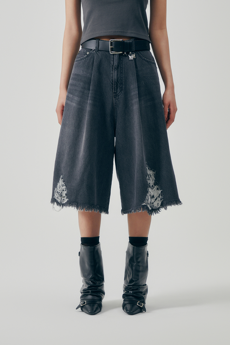 Treemingbird Distressed Square Denim Set-up Shorts Gray