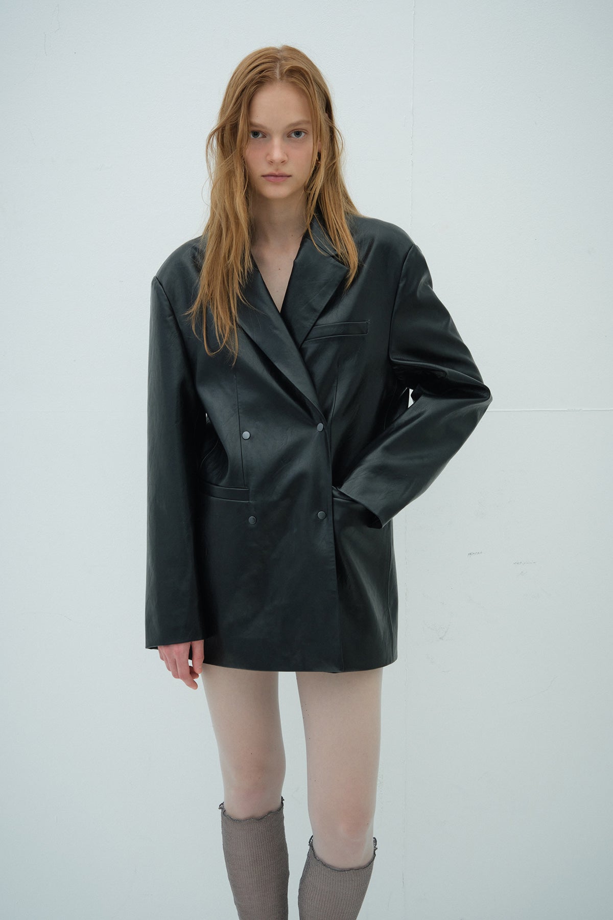 Overdueflair Snap Two-Way Oversized Leather Jacket Black