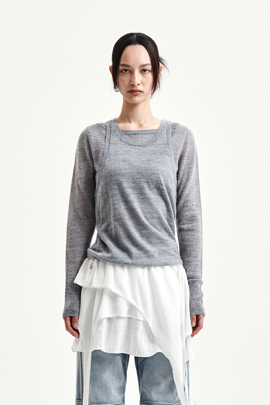 Matinkim Mohair Layered Knit Pullover IN Light Grey