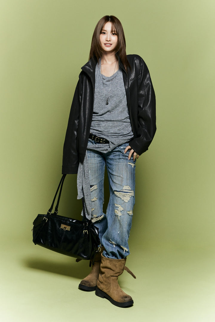 Matinkim Slub Damage Bootcut Denim Pants IN Blue