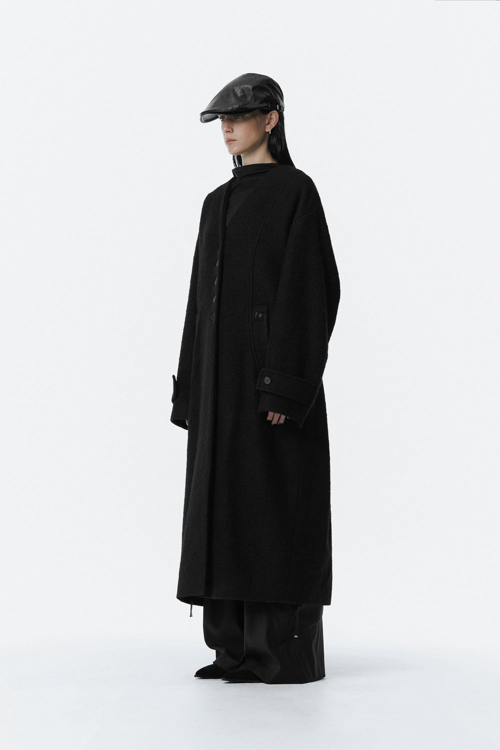 Treemingbird Boucle Wool Long Coat Black