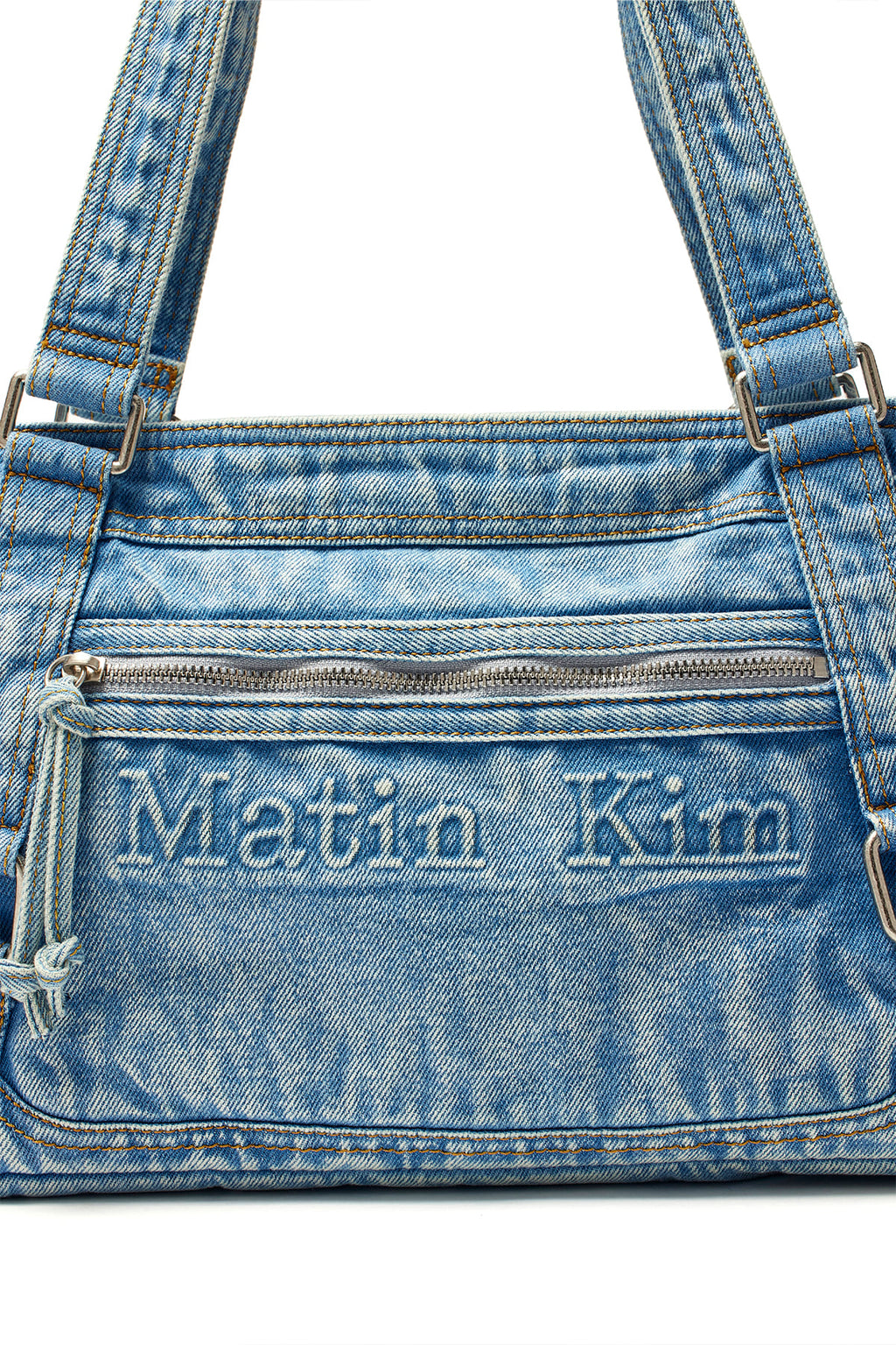 [matinkim] MATIN WASHED DENIM SQUARE BAG IN LIGHT BLUE