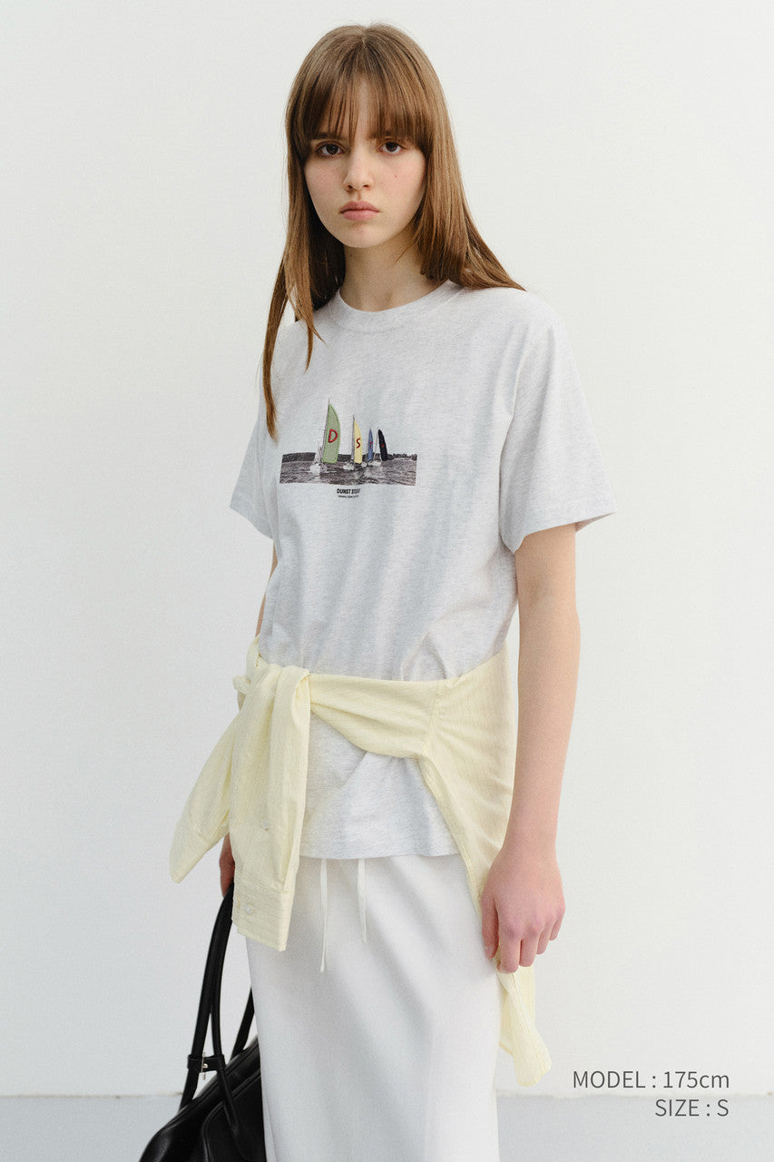 Dunst Unisex Applique Yacht T-Shirt Light Melange Grey