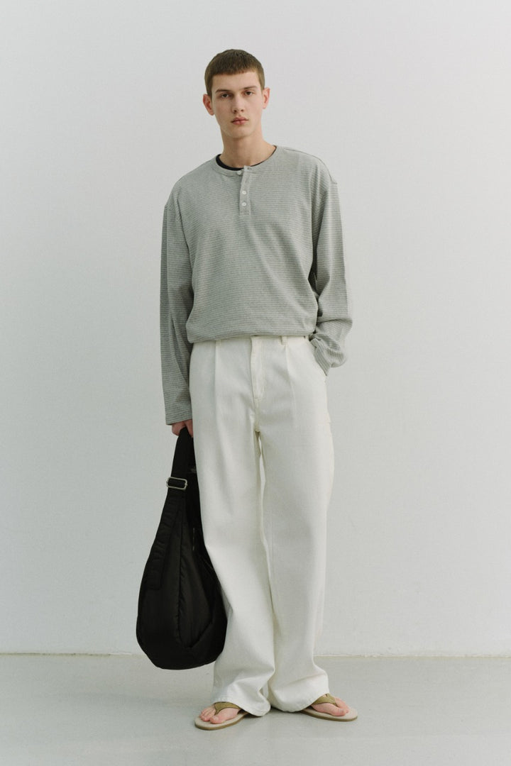 Dunst Unisex Henley-Neck T-Shirt Grey Stripe