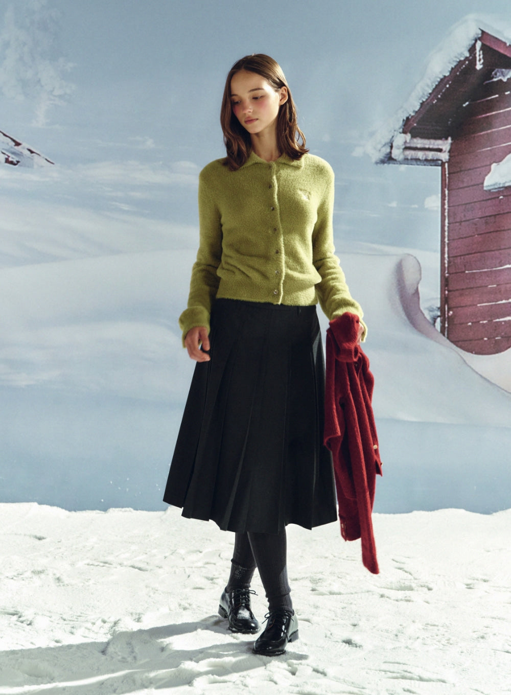 [satur] (W) Hairy Collar Knit Cardigan - Olive Green