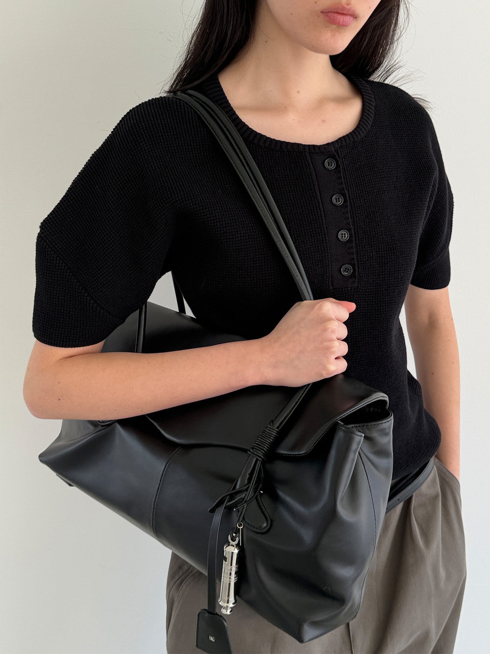 Low Classic Puff Sleeve Henry Neck Knit Top Black