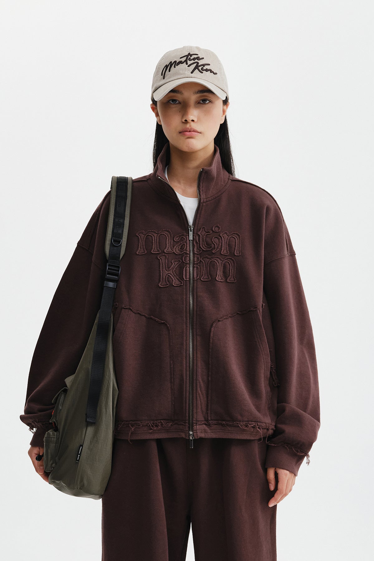 Matinkim Mixed Waffle Applique Logo Zip UP IN Brown