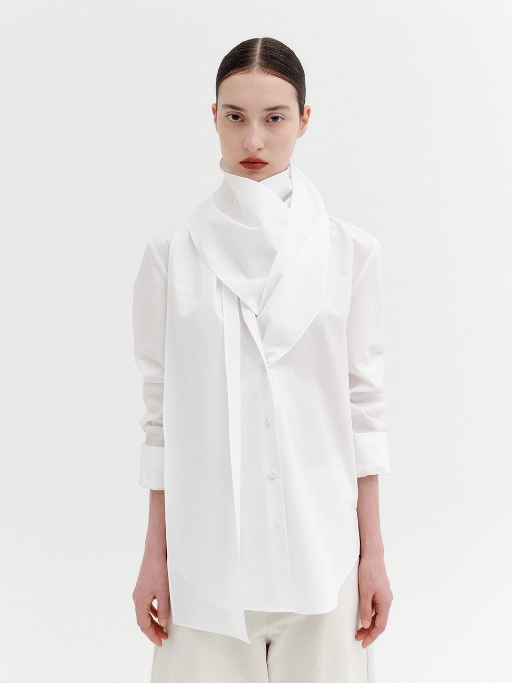 EENK Layered Scarf V-Neck Blouse - White