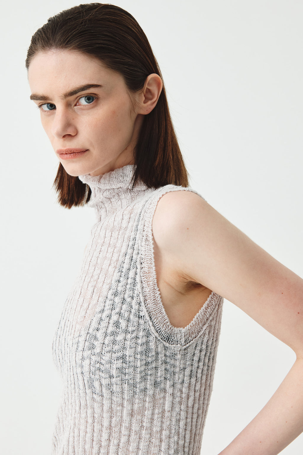 [matinkim] Side Slit Sleeveless Slub Knit Top IN Light Grey