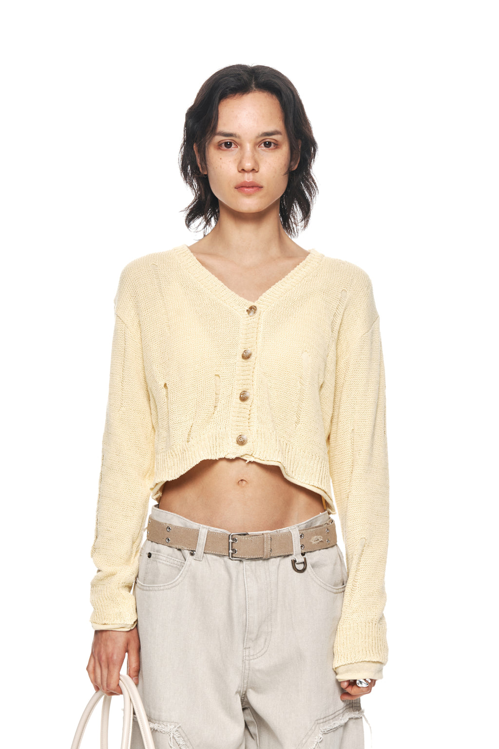 Matinkim Layered Damage Crop Cardigan IN Light Yellow