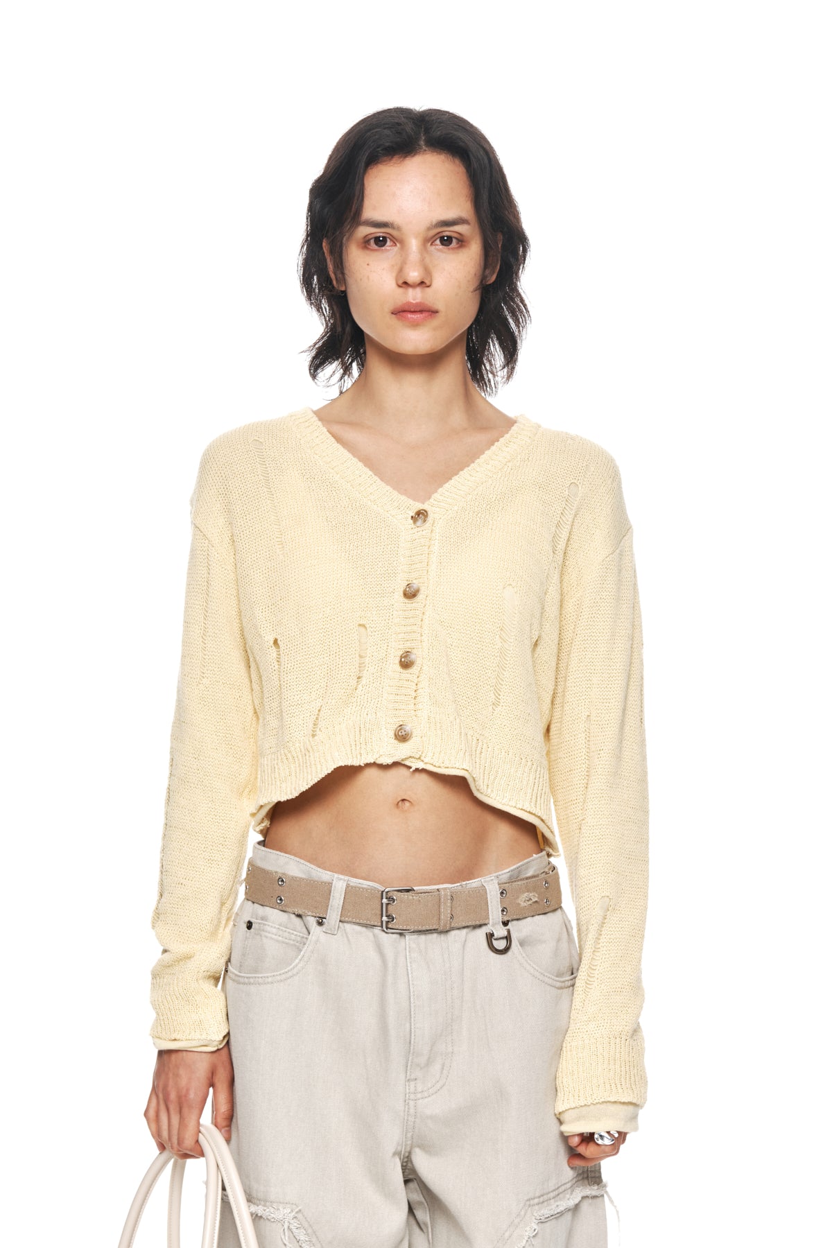 Matinkim Layered Damage Crop Cardigan IN Light Yellow
