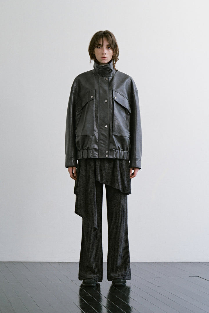 Treemingbird Diagonal Leather Blouson Jumper Gray