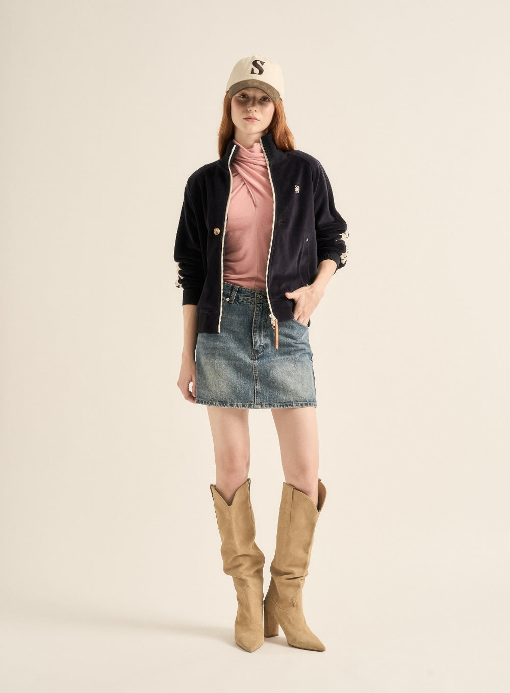 [satur] (W) Lawton Velour Track Zip-up Jacket - Navy