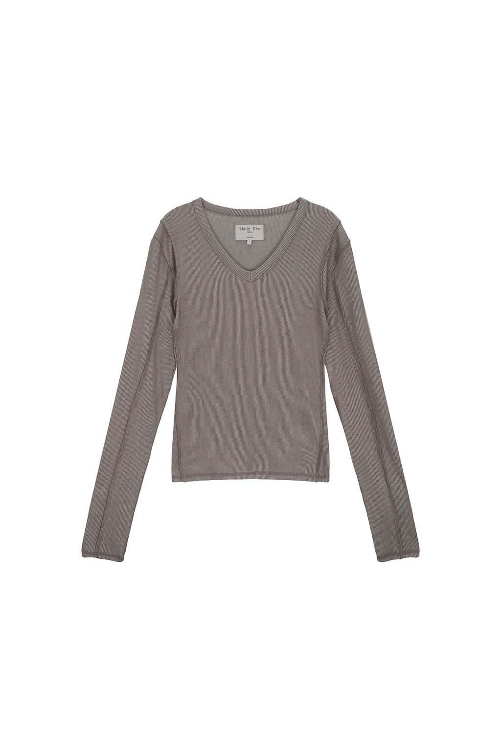 [matinkim] STITCH V NECK SLIM LONG SLEEVE IN BROWN