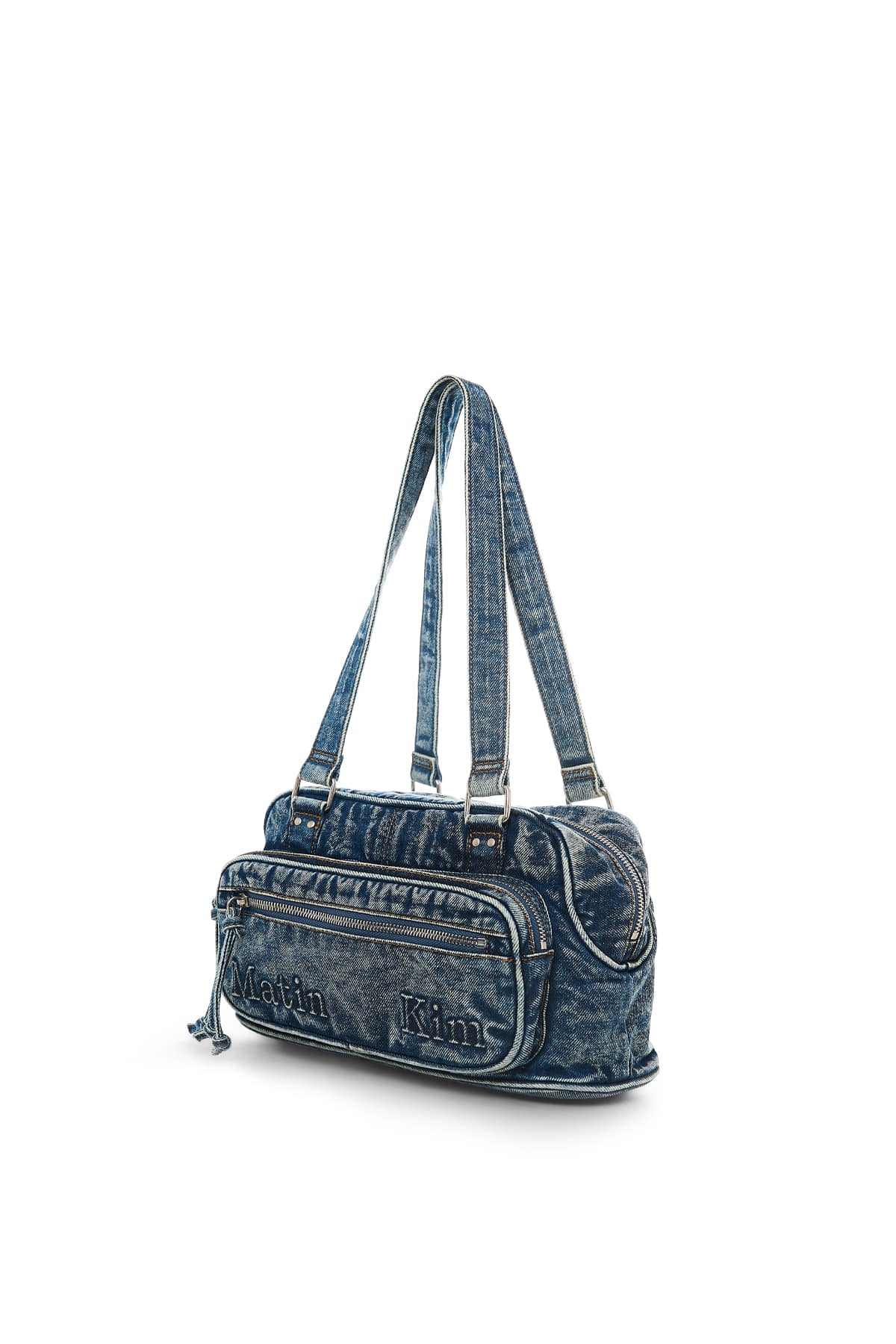 Matin Kim Blue Denim Shoulder Bag showcasing authentic Korean designer fashion with a one-pocket design.