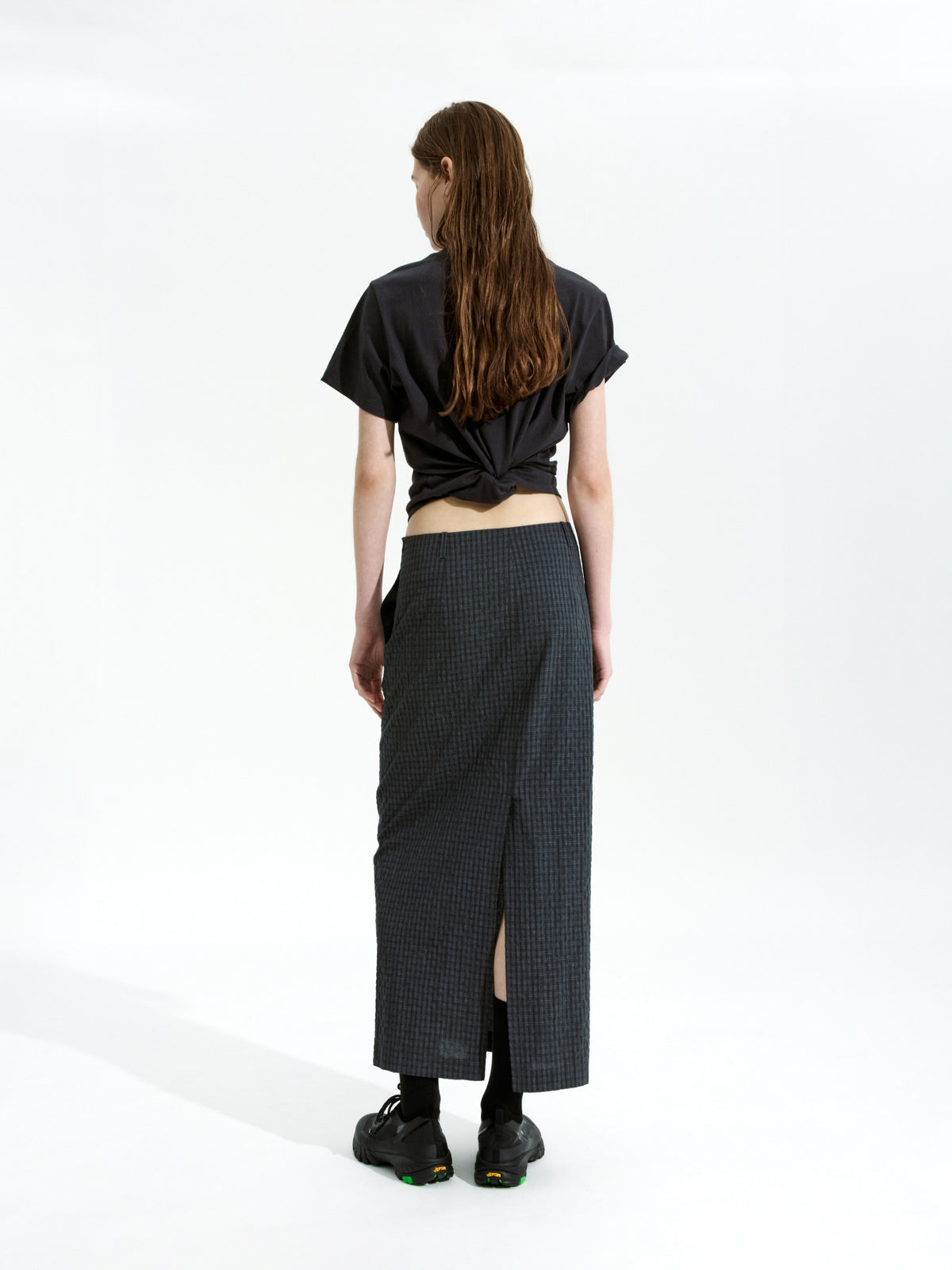 Low Classic Slit Checked Long Skirt Black