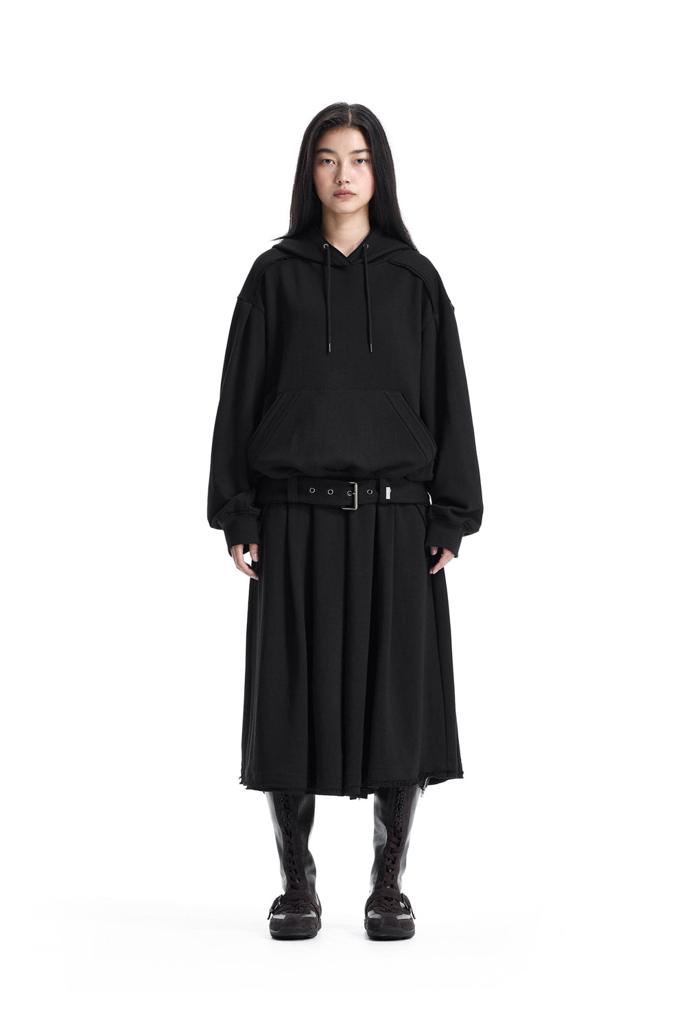 Treemingbird Raw-Edge Belted Set-Up Hoodie Black