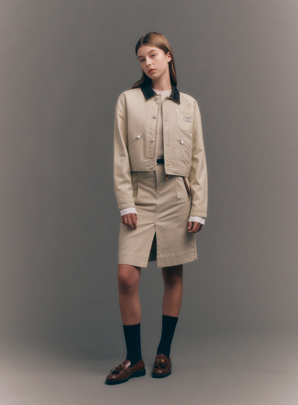 [satur] (W) Crop Cotton Work Jacket - Natural Beige