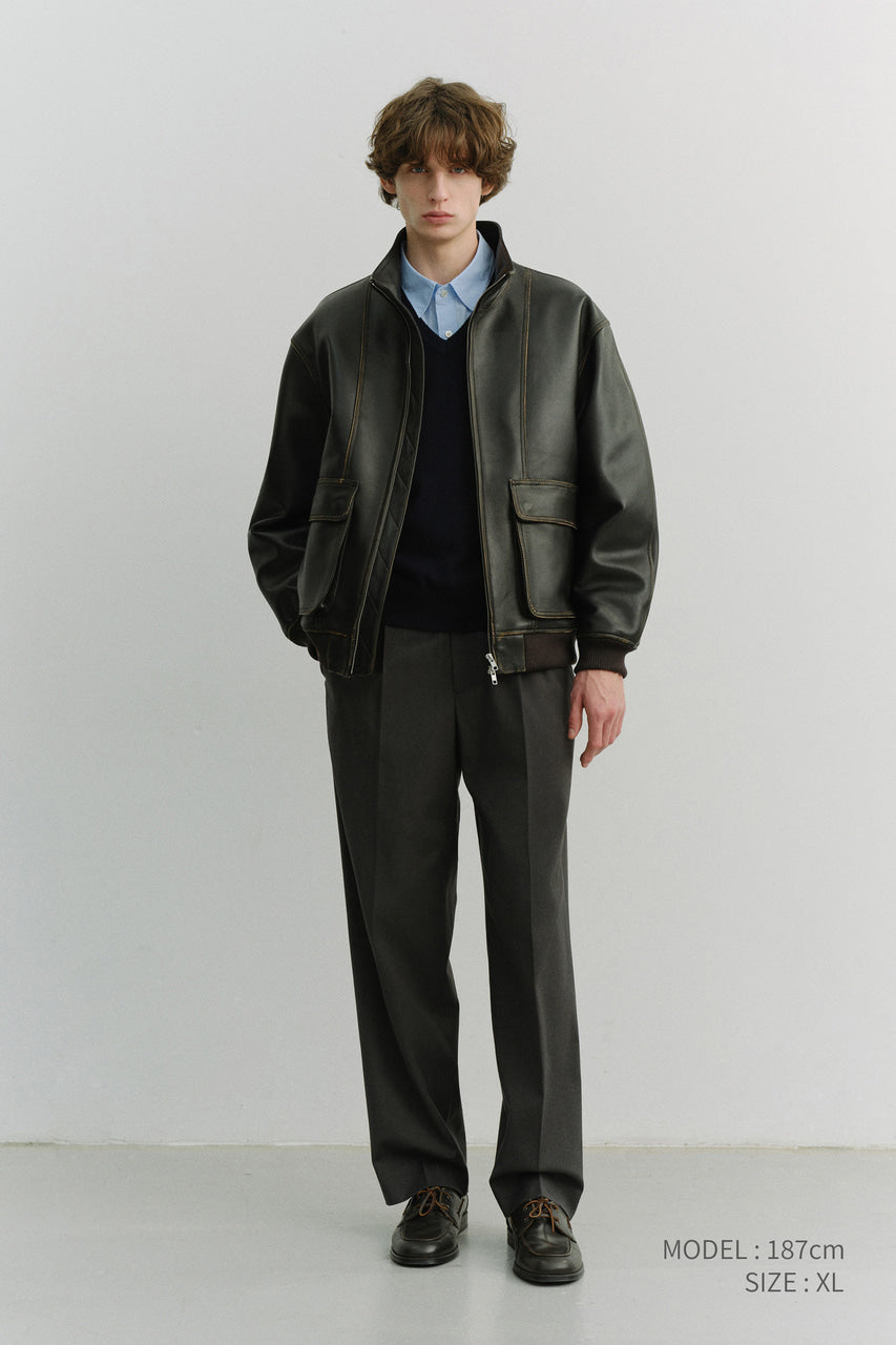 Dunst Unisex Stand Collared Leather Blouson Brushed Black