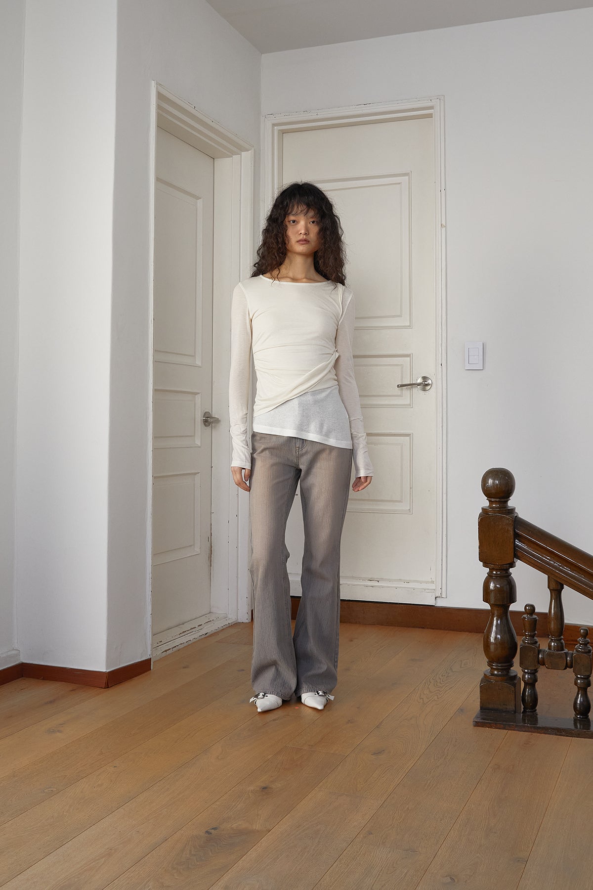 [matinkim] WASHED STRIPE BOOTS CUT DENIM PANTS IN SMOKE BLUE