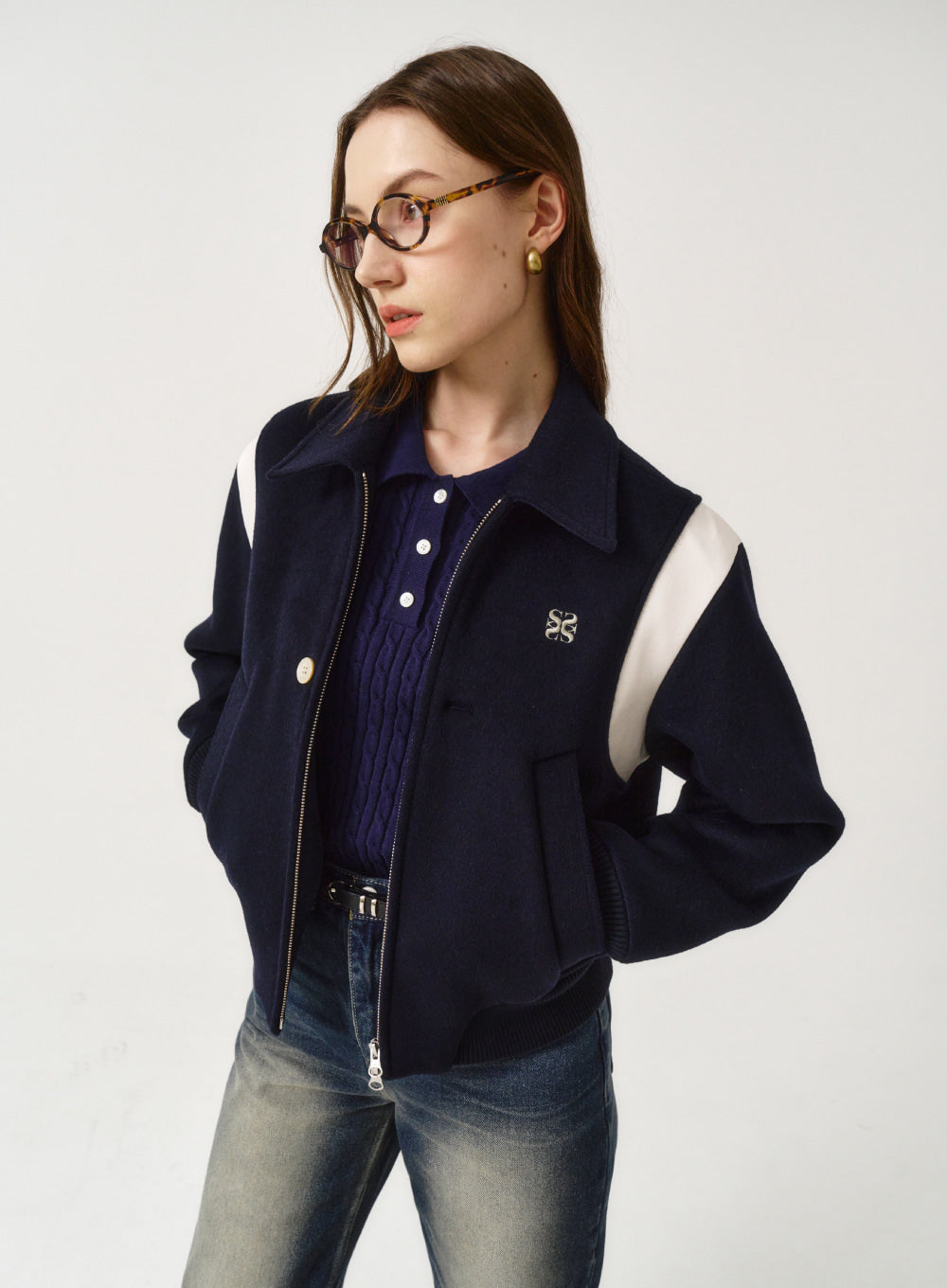 [satur] (W) Percy Wool Blend Varsity Jacket - Classic Navy