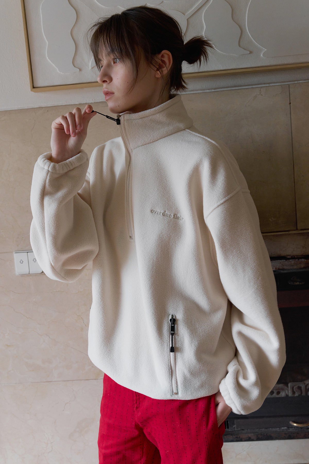 Overdueflair Half-Zip Fleece Top Cream