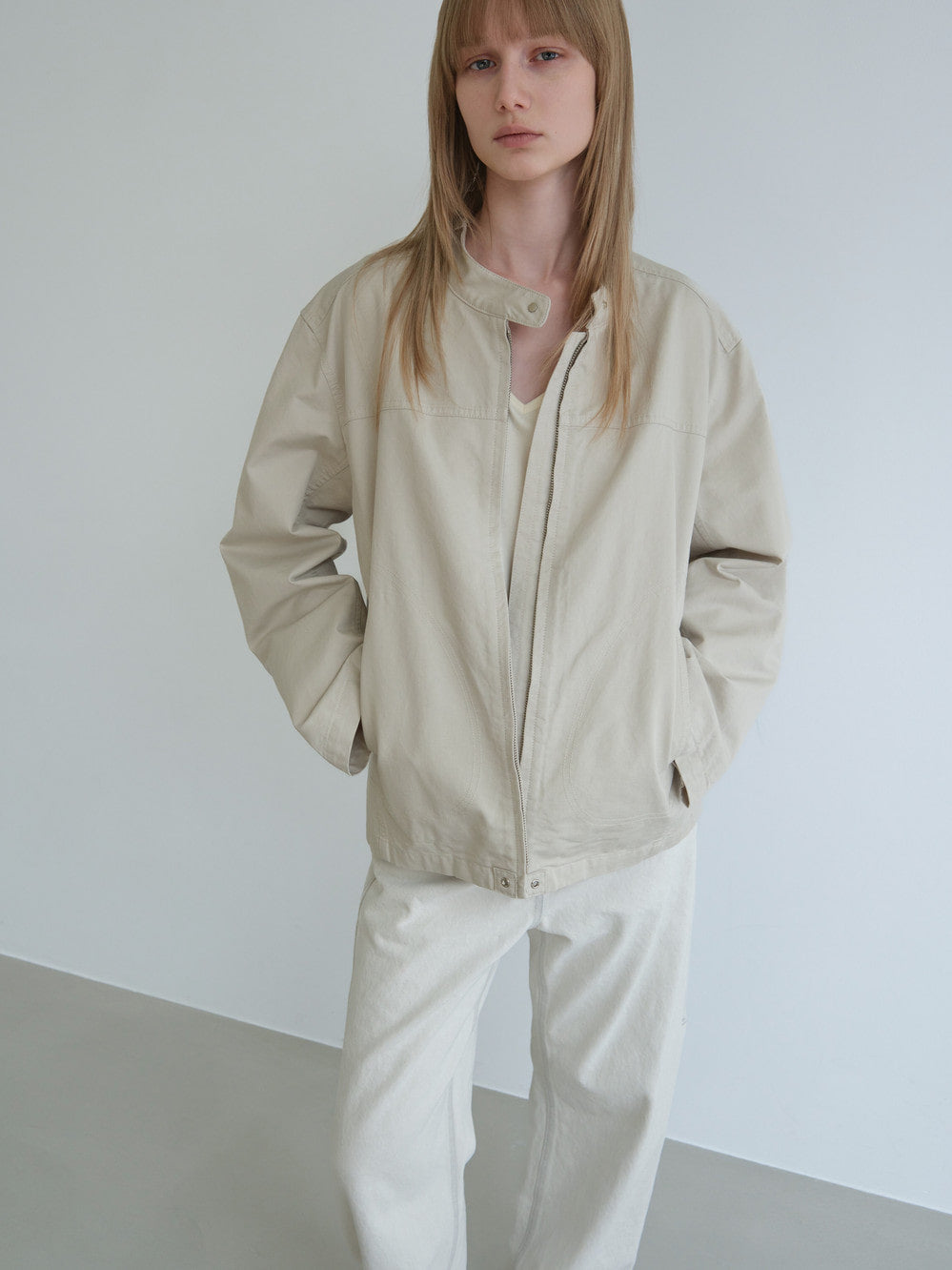 [Low Classic] Washed Cotton Biker Jacket_Cream