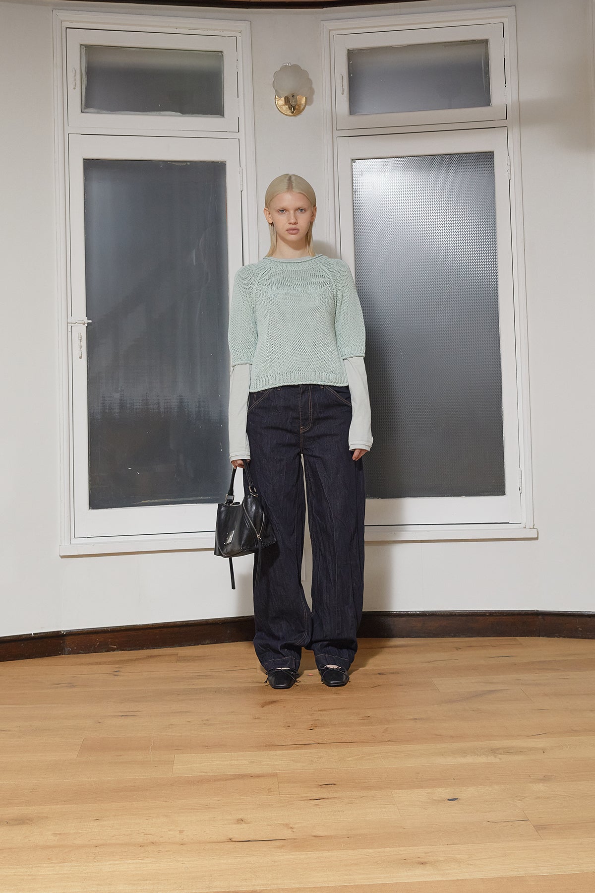 [matinkim] THREE QUARTER SLEEVE LOGO KNIT PULLOVER IN MINT