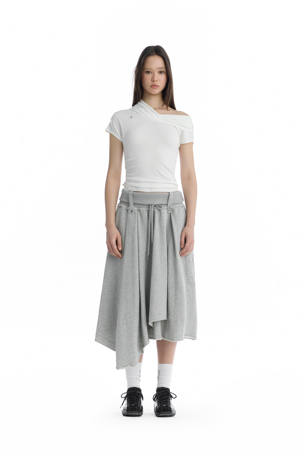 Treemingbird Asymmetric Draped Off-Shoulder Top White