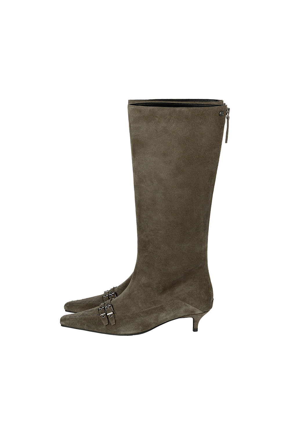 Treemingbird Double-Belted Studded Long Boots Khaki